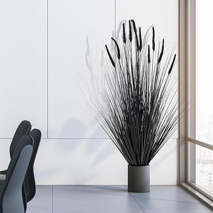 KOL Artificial 5FT 2-Pack Black Horsetail Reed Grass, 59’’ Artificial Indoor Outdoor Fake Grass Plant, Home Office Decoration Artificial Plants & Flowers in Pot Faux Greenery, Housewarming Gift Grass