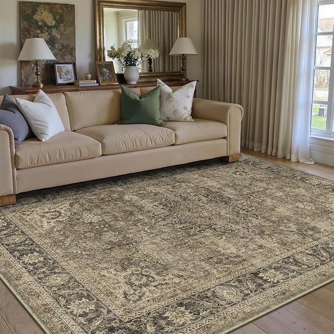 12x15 Brown Vintage Area Rug for Living Room Bedroom Extra Large Traditional Low Pile Soft Carpet Non-Slip Thin Retro Distressed Accent Washable Throw Rug for Dining Room Office Indoor