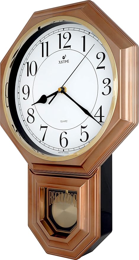 JUSTIME Traditional Schoolhouse Easy to Read Regulator Wall Clock, Chiming Wall Clocks with Pendulum & Westminster Chime Hourly, Schoolhouse Wall Decor Battery Operated (Vintage Copper)