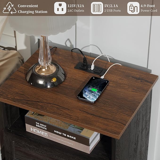 Night Stand with Charging Station, Bedside Table with 2 Drawers Storage and Open Shelf, Wood Farmhouse Nightstand with Outlets for Bedroom Office, Espresso