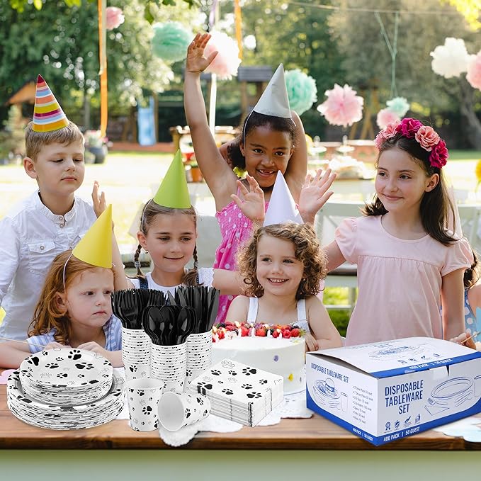 400 Pieces Black Paw Disposable Party Tableware Sets Dog Puppy Supplies Including Plates Cups Napkins Cutlery Serves 50 for Birthday Puppy Theme Party Decorations