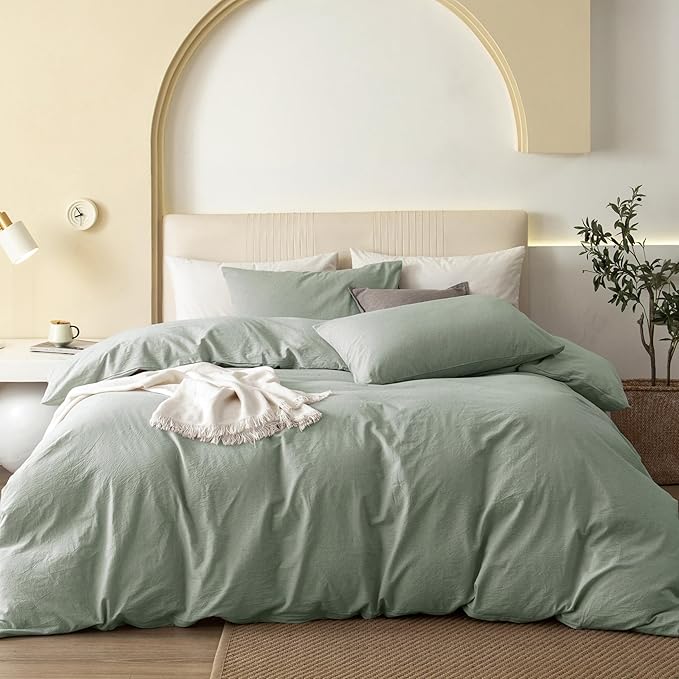 JIYUAN 100% Washed Cotton Duvet Cover Set 3 Pieces King, 1 Duvet Cover 104x90 Inches(Comforter Not Included) and 2 Pillowcases,Linen Feel Bedding Set Comfy and Breathable, Heathered Sage Green
