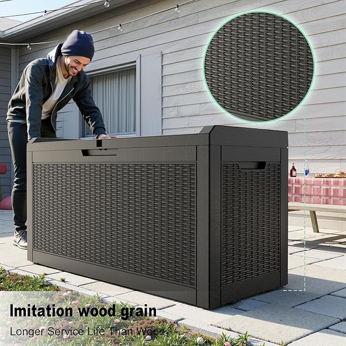 60 Gallon Deck Box,Resin Outdoor Storage Box with Lockable for Patio Furniture, Pool Accessories, Garden Tools, Waterproof Outside Storage Box, Black Pattern