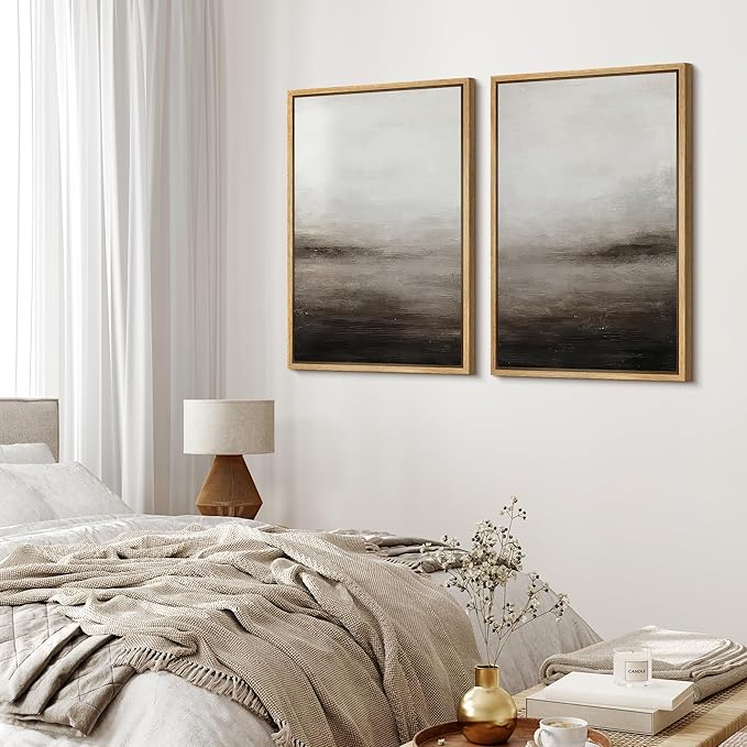 MUDECOR Framed Canvas Print Wall Art Neutral Abstract Modern Minimalist Landscape in Beige and Gray Illustrations Modern Art Decorative Bohemian for Living Room, Bedroom, Office - 16"x24"x2 Natural