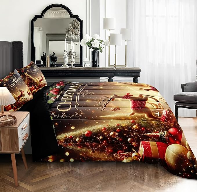 Bedrom Merry Christmas Bedding Comforter Black Gold Comforter Queen Snowflake Winter Xmas Theme Cute Deer Christmas Tree Bedroom Comforter Set