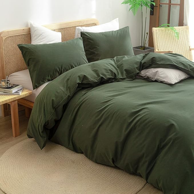 BESTOUCH Duvet Cover Set 100% Washed Cotton Linen Feel Super Soft Comfortable Chic Lightweight 3 PCs Home Bedding Set Solid Olive Green Oversized King