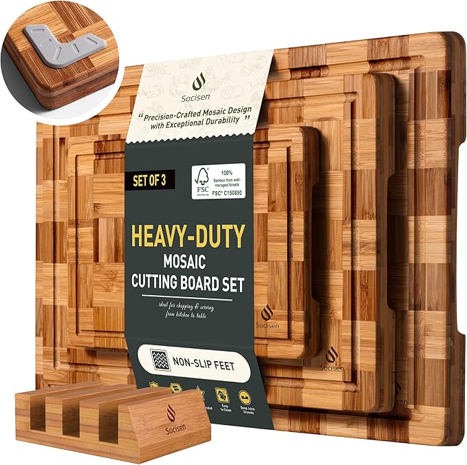 3 Pack Heavy Duty Bamboo Cutting Board Set Non Toxic Wooden Cutting Board for Kitchen Non Slip Solid End Grain Thick Wood Juice Groove Chopping Board Extra Large Big Small Best House Warming Gift