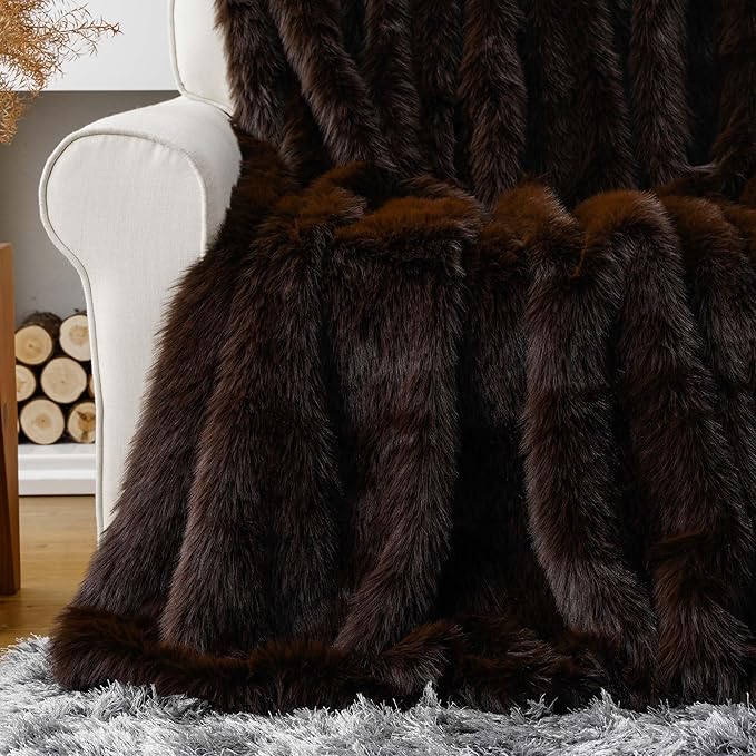 BATTILO HOME Luxury Brown Faux Fur Throw Blanket, Large Soft Warm Cozy Fuzzy Fluffy Fur Blankets and Throws for Bed, Home Decor, King Size Fur Blanket with Long Pile, 60"x80"