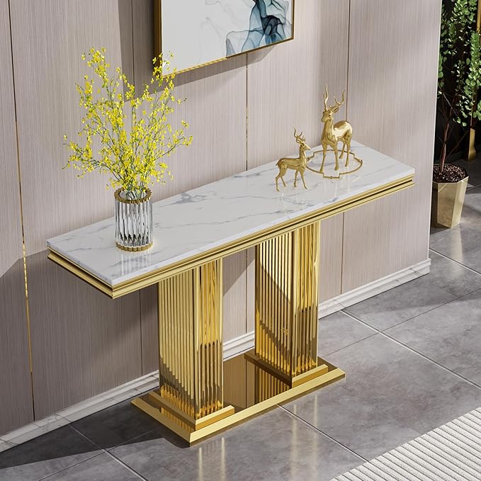 SSLine Modern White Faux Marble Console Table Luxury Entryway Table with Gold Pedestal Base 46.8" Mid-Century Elegant Sofa Table w/Mirrored Stainless Steel Frame for Living Room Hallway