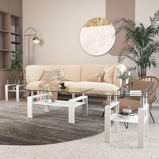 IANIYA 3 Piece Living Room Table Set, Modern Tempered Glass Coffee Table Set, Glass Coffee Table Black Metal Frame End Table for Living Room Apartment Small Space, White