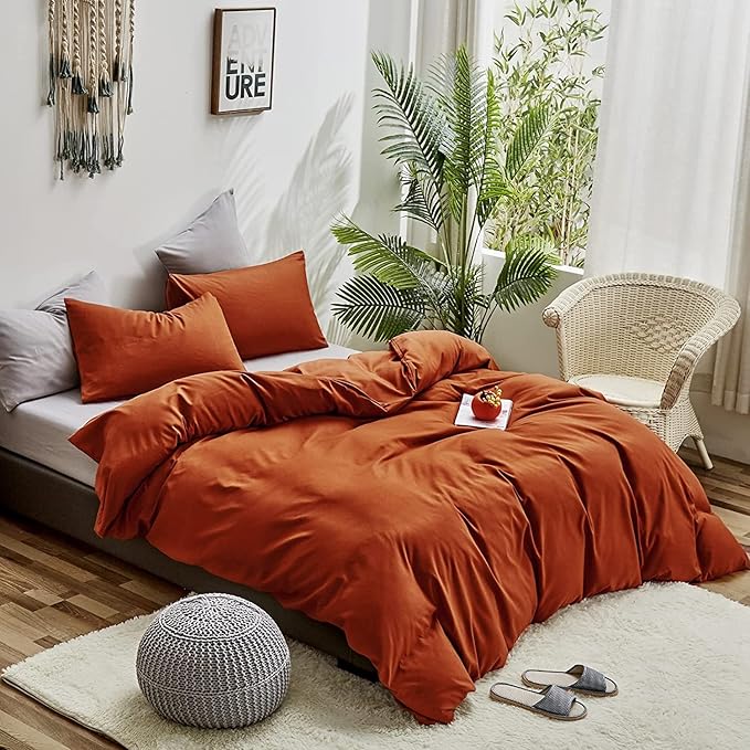 Pureant Queen Size Burnt Orange Comforter Set - 3 Pcs (Comforter, 2 Pillowcases) - Caramel - Modern - Solid - Cotton Blend - 90" x 90" - Machine Washable