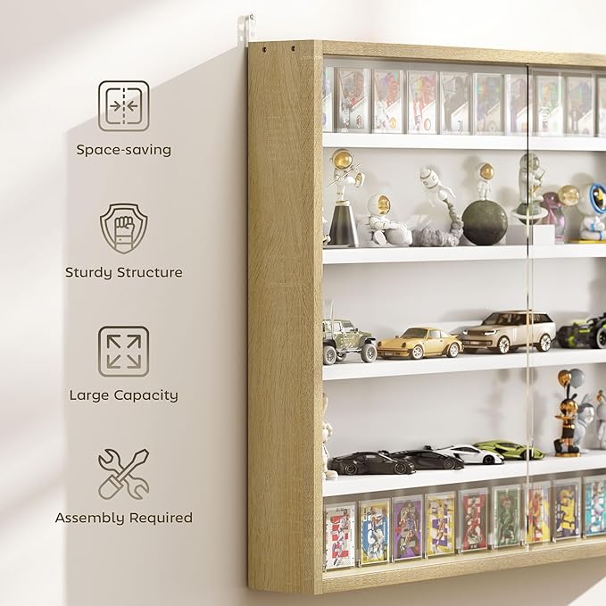 HOMCOM 5-Tier Display Cabinet, Glass Door Cabinet with Adjustable Shelves, Wall-Mounted Display Case for Playroom, Bedroom, Oak and White