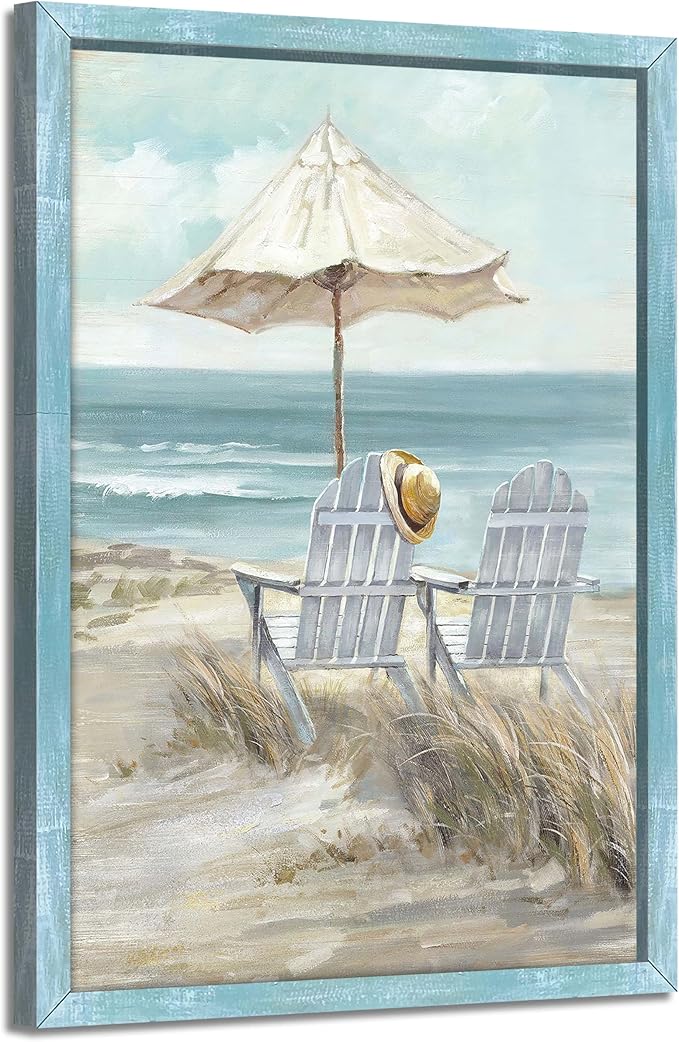 Abstract Beach Framed Wall Art - Coastal Chair Picture Modern Ocean Painting Prints Calming Seascape Wooden Artwork Decor for Bedroom