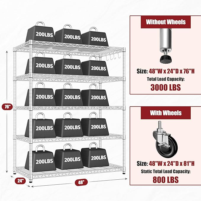 PrimeZone 2 Pack 48" W Wire Shelving Heavy Duty with Wheels,5 Tier Adjustable Garage Storage Shelves Unit,Rolling Metal Organizer Shelf Utility Rack Warehouse,Pantry,Chrome 48" Wx24 Dx81 H