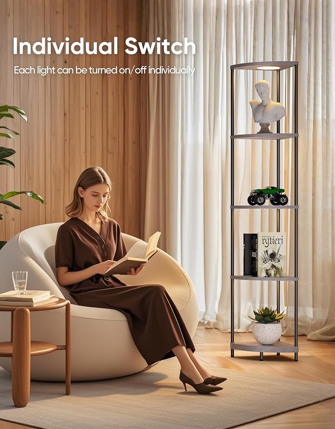 Corner Shelf with RGBCW LED Light, 64.5” Tall Floor Lamp Narrow Bookshelf Organizer, Standing Shelves with Metal Pole, Display Storage Rack for Wall Corner, Living Room, Bedroom, Office Décor, Grey