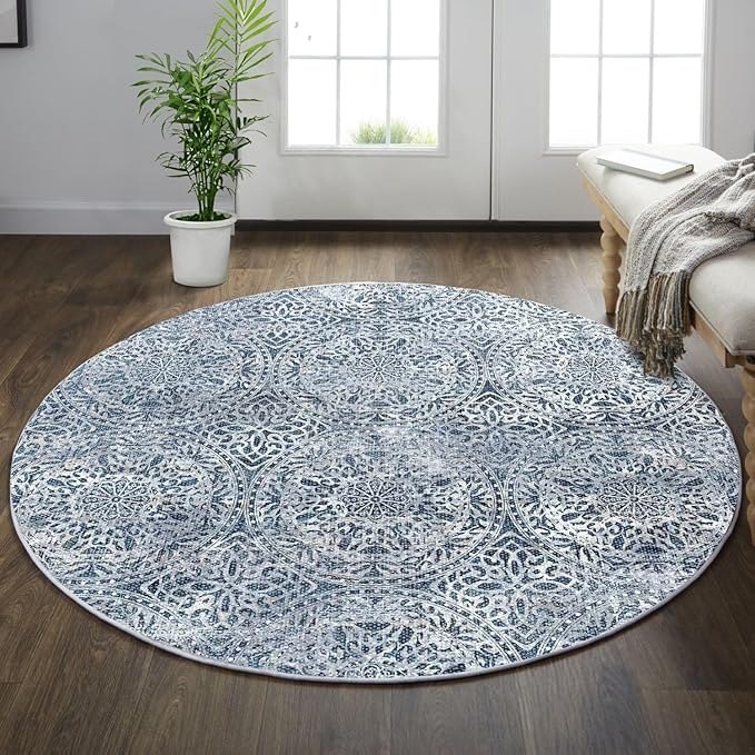vivorug Round Rug 4ft Vintage-Inspired Round Area Rug Non-Slip Indoor Carpet for Living Room Bedroom Entryway, Stain Resistant Home Decor Circle Rug, Blue Medallion