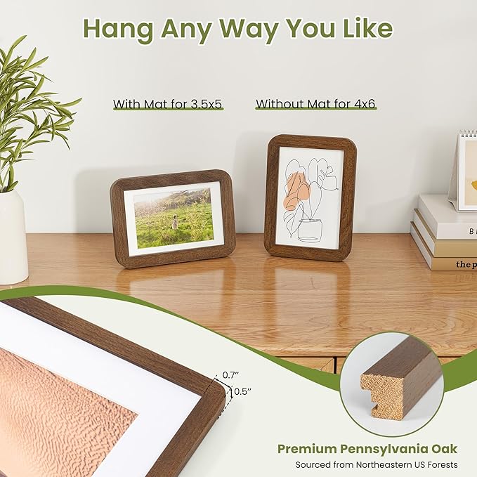 4x6 Round Corner Picture Frame, Solid Oak Wood Photo Frame With Mat For 3.5x5, Shatterproof Plexiglass Includes Hanging Hardware For Wall Hanging Or Tabletop Display Frame, Walnut, 1 Pack