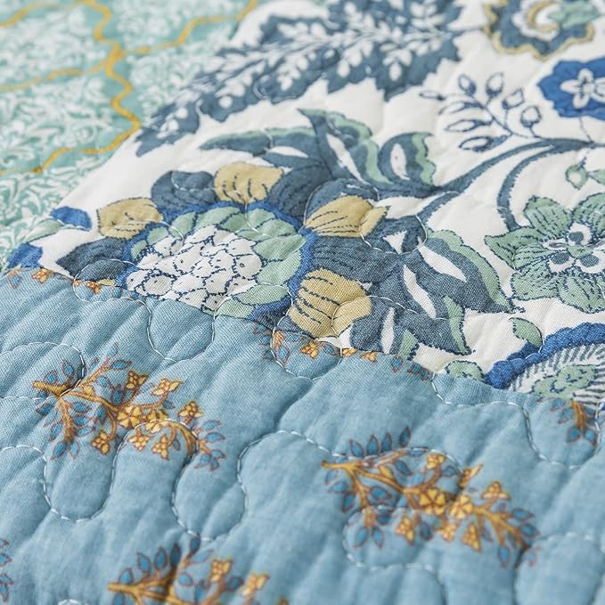NEWLAKE Cotton Quilted Throw Blanket for Bed Couch Sofa, Reversible Patchwork Matelasse Blanket with Real Stitched Embroidery, Bohemian Floral Pattern, 60X78 Inch