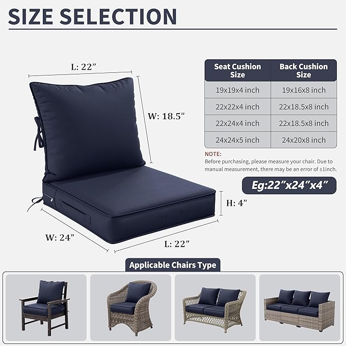 Premium Outdoor Seat Cushion Chair Cushions for Patio Furniture 22 L X 24 W X 4 H Waterproof & Fade Resistant Deep Seat and Backrest Cushion Set with Removable Covers for Chair, Sofa