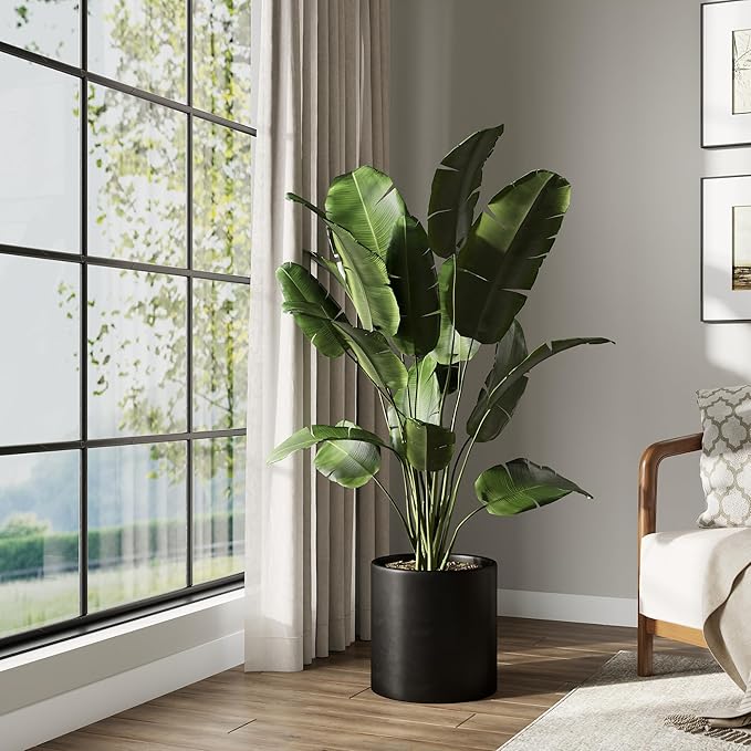 DTY Signature Mount Powell Fiberstone Planter - 14 Inch Large Black Cylindrical Mid-Century Modern Home Decor Indoor & Outdoor Plant Pot - Durable Planters for Indoor Plants, Outdoor Spaces