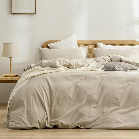BESTOUCH Duvet Cover Set 100% Washed Cotton Linen Feel Super Soft Comfortable Chic Lightweight 3 PCs Home Bedding Set Solid Almond Milk Grey Super King Plus