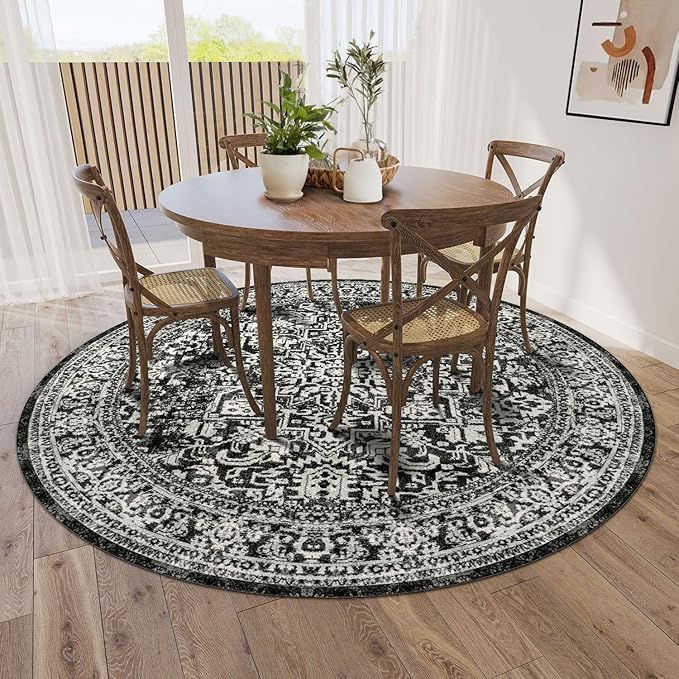 vivorug Round Rug 6ft Vintage-Inspired Round Area Rug Non-Slip Indoor Carpet for Living Room Bedroom Entryway, Stain Resistant Home Decor Circle Rug, Black and White