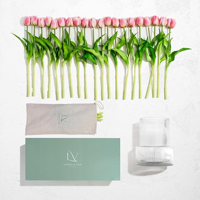 Pink Tulips with Vase Ribbed Glass Vase with 20 Realistic Artificial Flowers Gift Set. Fluted Clear Flower Vase and Fake Tulips Entryway Living Room Table Office Shelf Decor Faux Spring Decor