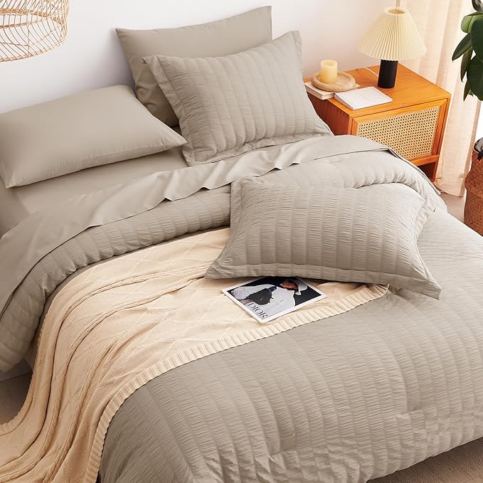 CozyLux Queen Comforter Set Khaki Seersucker 7 Pieces Bed in a Bag Queen Comforter Set with Sheets, Luxury Soft Bedding Set with Down Alternative Comforter, Sheets, Pillowcases & Shams for All Seasons