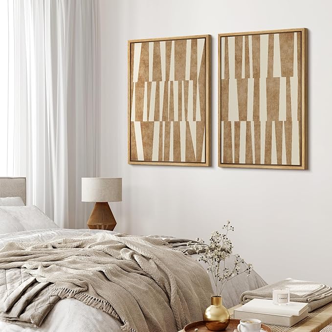 MUDECOR Framed Canvas Print Wall Art Set Taupe Tones Modern Geometric Abstract Illustrations Modern Art Decorative Bohemian Calm/Zen for Living Room, Bedroom, Office - 16"x24"x2 Natural
