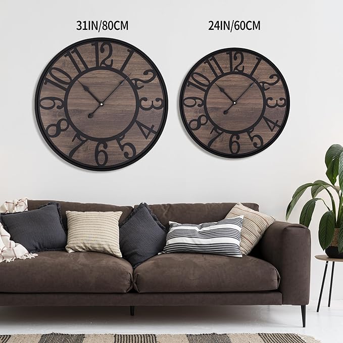 LEIKE Extra Large Wall Clock,Silent Little Ticking,Battery Operated Round Modern Wood Wall Clocks for Living Room, Bedroom,Farmhouse,Office Vintage Big Home Decor-32 Inch/80CM-Black-Arabic Number