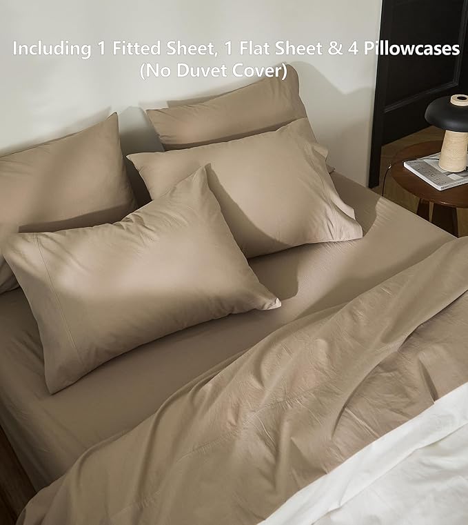 100% Cotton 6-Piece King Size 108" x 102" Bedding Set - Fitted Sheet, Flat Sheet & 4 Pillowcases with 17" Deep Pocket,Soft Breathable Bed Sheets for Cozy Sleep,Mocha Brown