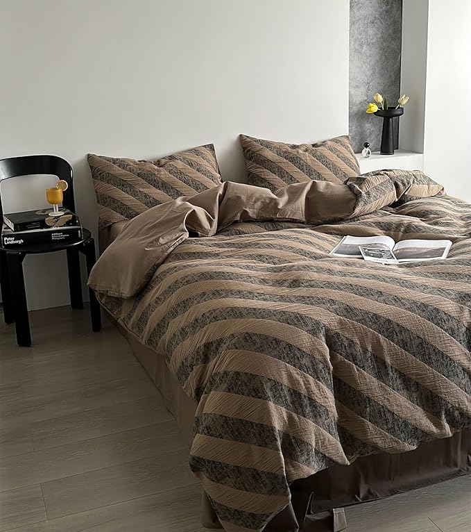 VM VOUGEMARKET Striped Bedding Duvet Cover King,3 Pieces Grey Khaki Diagonal Stripes Duvet Cover Sets,Linen Cotton Modern Simple Jacquard Comforter Cover with Zipper Ties
