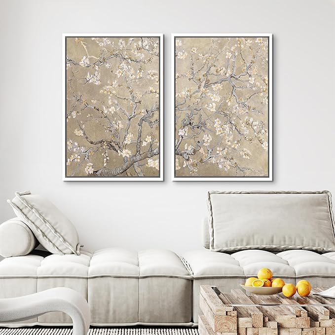 MUDECOR Framed Canvas Print Wall Art Blossoming Almond Tree Elegant Floral Illustrations Modern Art Decorative Bohemian Calm/Zen for Living Room, Bedroom, Office - 24"x36"x2 White