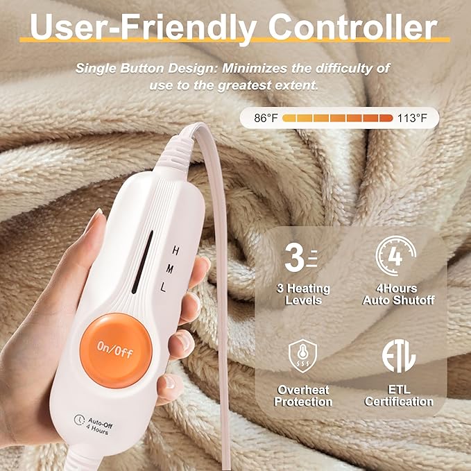 Gintao Heated Blanket Electric Throw with Detachable Hat&Snap Buttons,3 Heat Settings,4H Auto-Off, Perfect Electric Blanket Throw for Home Office,Gifts,Double-Layer Flannel, 50"x60", Beige