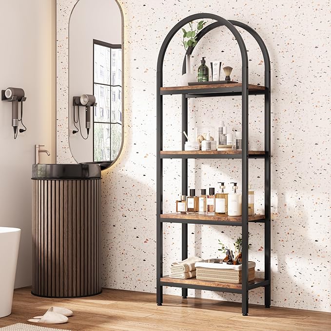 Tribesigns 4-Tier Open Bookshelf, 70.8" Industrial Arched Bookcase Storage Shelves with Metal Frame, Freestanding Display Rack Tall Shelving Unit for Office, Bedroom (Rustic Brown, 1PC)