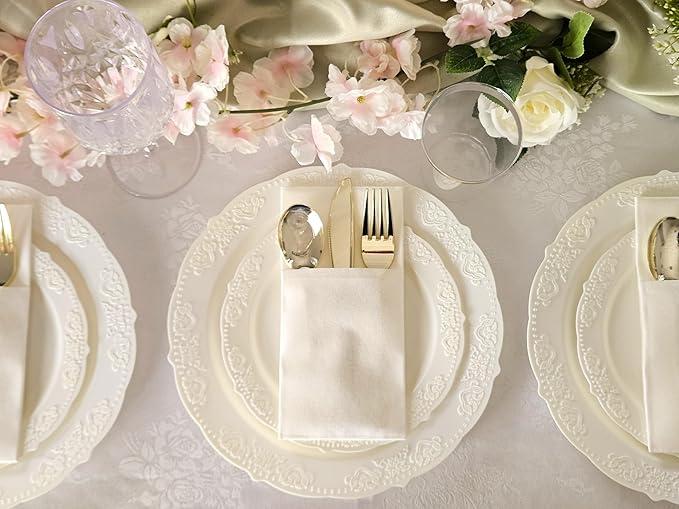 " OCCASIONS " 240 Plates Pack,(120 Guests) Vintage Wedding Party Disposable Plastic Plates Set -120 x 10.25'' Dinner + 120 x 7.5'' Salad / Dessert Plate (Portofino Ivory)