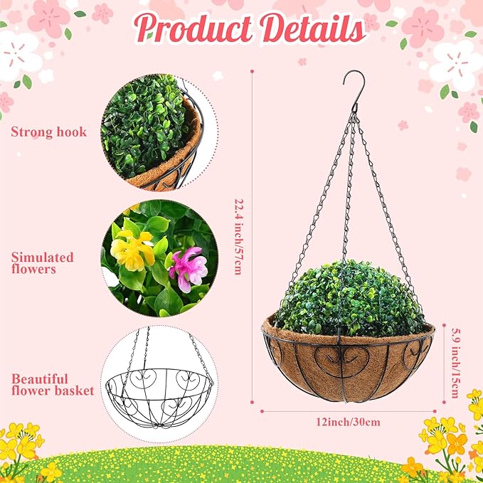 Lyrow 4 Pack Artificial Hanging Flowers with Baskets Outdoors Faux Flowers with 12 Inch Coconut Lining Baskets Realistic Artificial Hanging Plants for Patio Lawn Garden Decor