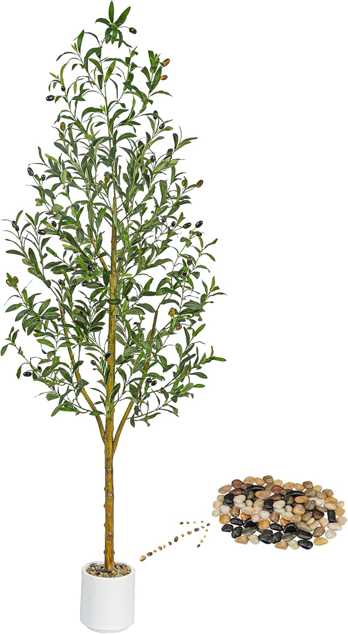 Artificial Olive Tree Artificial Plants, Tall Faux Olive Silk Plant with White Planter Home Office Decor Indoor Fake Potted Tree with Lifelike Fruits Housewarming Gift (1, White, 6FT)