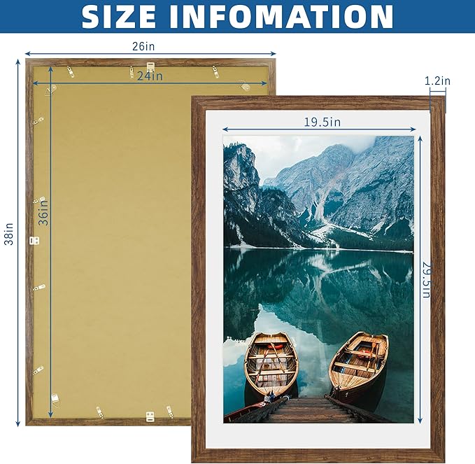 24x36 Poster Frame Set of 2, Rustic Brown Wood Style - Display 20x30 Picture with Mat or 24 x 36 Poster without Mat, Wall Mounting Horizontal and Vertical