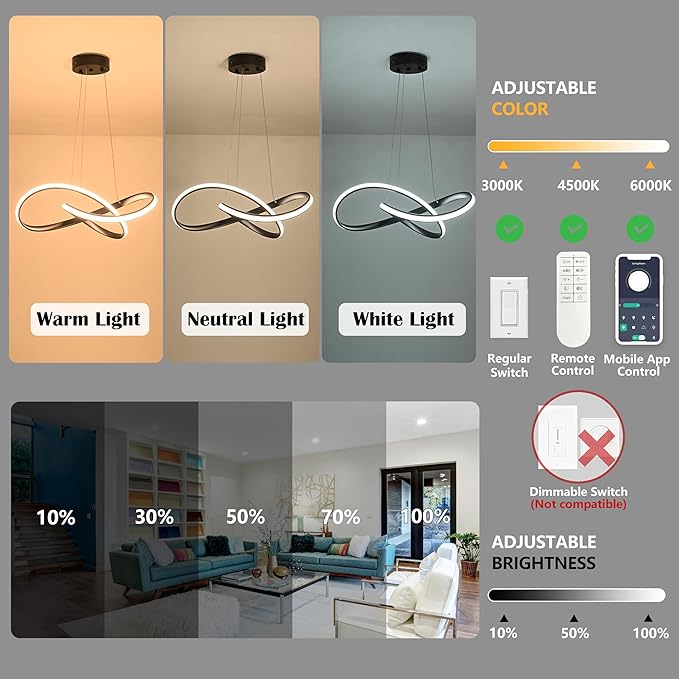 LED Chandelier Modern Pendant Light Contemporary Chandelier Ring Light Fixture Black with 3000K-6000K Dimmable Remote Control and 79in Height Adjustable for Dining Room Bedroom Living Room