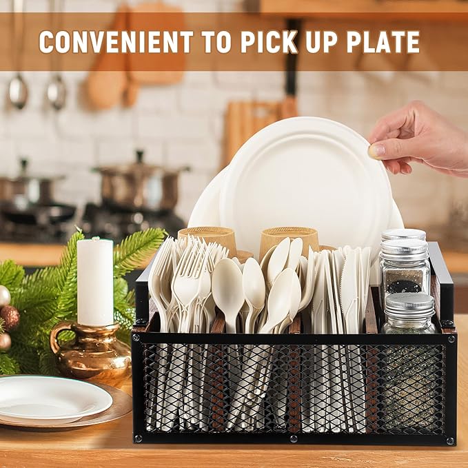 Wooden Paper Plate Dispenser Utensil Holder Kitchen Counter Cutlery Flatware Organizer for Party Utensil Caddy Paper Plate Holder for Cups Spoons Forks Napkins, Kitchen Accessories