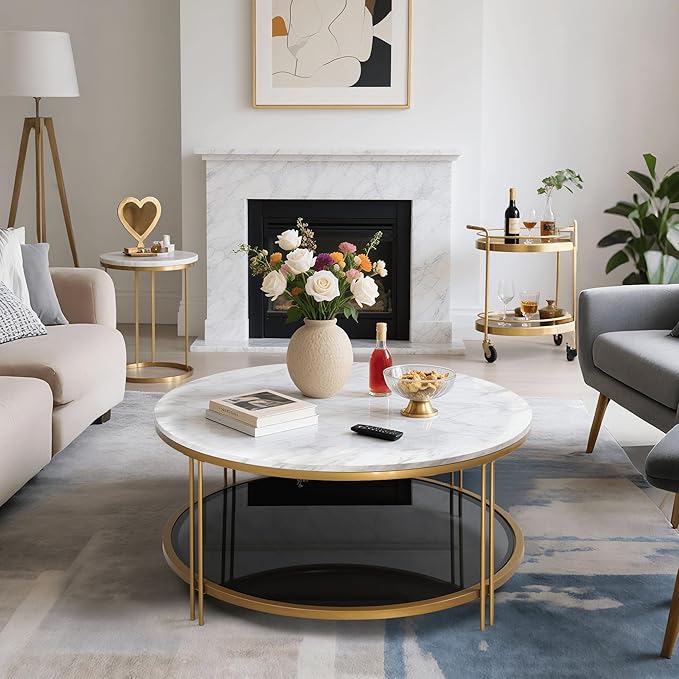 Modern Round Coffee Table with Faux Marble Top, Smoky Tempered Glass Shelf, Gold Metal Frame, 36" Living Room Center Table with Storage