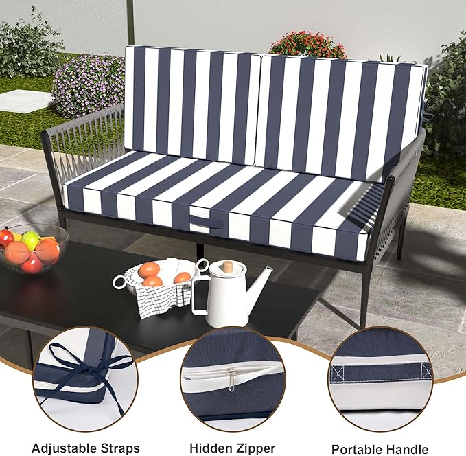 Outdoor Loveseat Cushion Set 46 x 26 Inch, Waterproof & Fade-Resistant Deep Seat Patio Cushions with Removable Cover, Ties & Hidden Zipper,Patio Love Seat Sofa Cushions for Sofa Bench Couch,BlueStripe