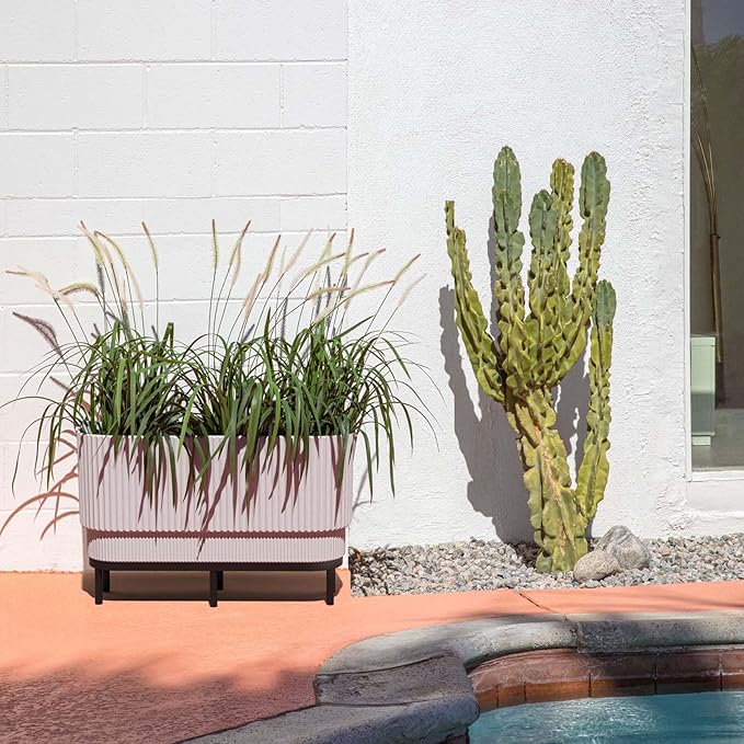 Veradek Demi Series Raised Long Planter for Indoor/Outdoor Use | Made from Plastic & Stone w/Wooden Stand | Modern Patio Décor for Flowers/Shrubs