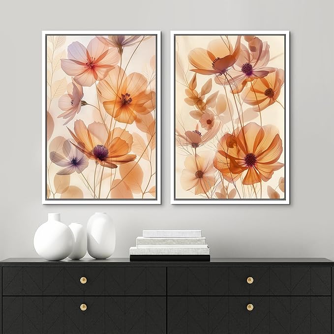MUDECOR Framed Canvas Print Wall Art Orange Purple Wildflower Botanical Illustrations Modern Art Decorative Bohemian Colorful Chic for Living Room, Bedroom, Office - 16"x24"x2 WHITE
