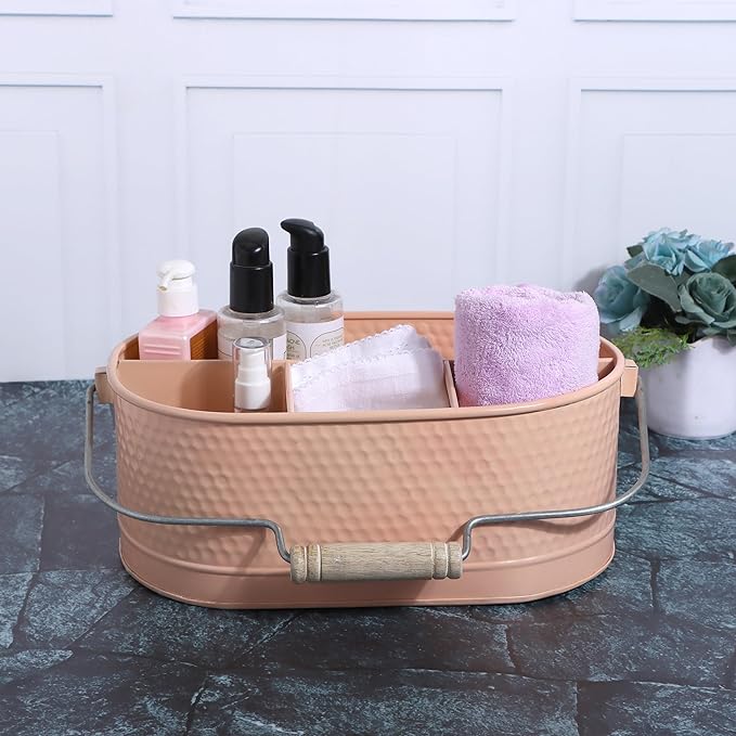 Alpha Living Home Heavu Duty Metal Utensil Caddy – 4-Compartment Silverware, Flatware, Cutlery Holder with Handle – Kitchen Organizer for Countertop, Buffet, Picnic, BBQ, Farmhouse(Peach)