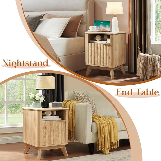 QUW Fluted Nightstand Set of 2 with Charging Station, Bedside Table with Open Storage and Cabinet, 18" Modern Side Table, End Table for Bedroom, Living Room, Natural Oak