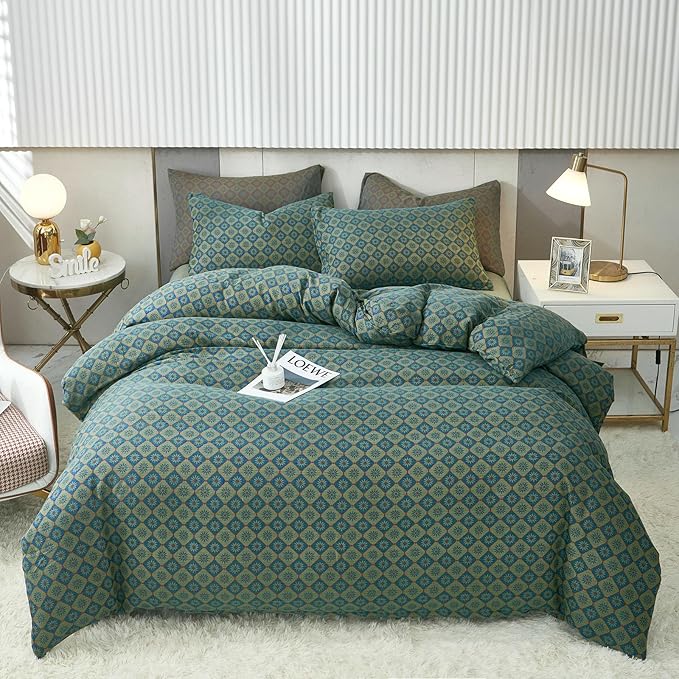 VM VOUGEMARKET Linen Cotton Duvet Cover Queen,3 Pcs Yarn-Dyed Textured Duvet Cover Set Green Flower Geometric Bedding Set,Ultra Soft and Breathable Comforter Cover Set