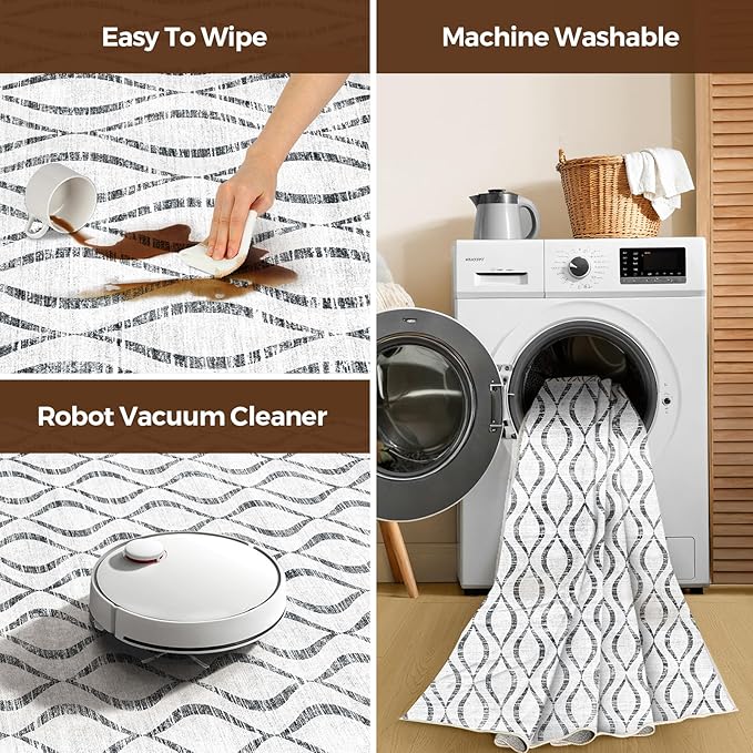WITSHOCK 9x12 Area Rugs: Washable Non-Slip Geometric Boho Print Pattern Large Thin Indoor Rug for Living Room Bedroom Under Dining Table, Carpet for Nursery Playroom Decor, Kid & Pet Friendly, Grey