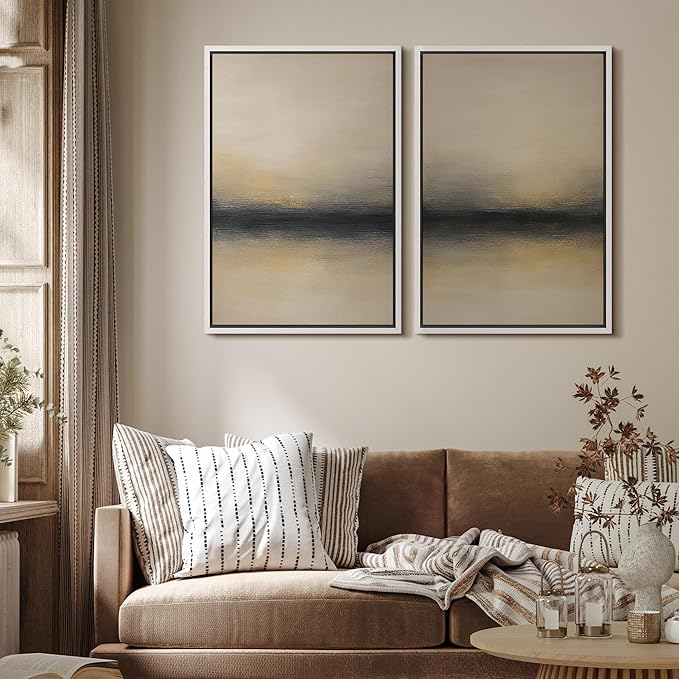 MUDECOR Framed Canvas Print Wall Art Abstract Sunset Horizon Modern Minimalist Beige and Black Illustrations Modern Art Decorative Bohemian Colorful for Living Room, Bedroom, Office - 16"x24"x2 White
